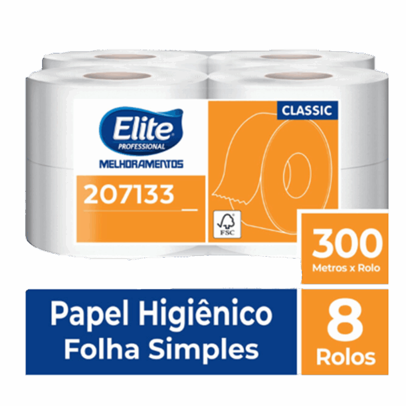 Papel Higiênico Rolo Snack Folha Simples c/ 8 rolos de 300 metros