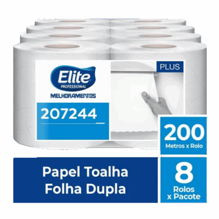 Toalha de Papel Rolo - Folha Dupla Plus c/ 8 rolos de 200 metros