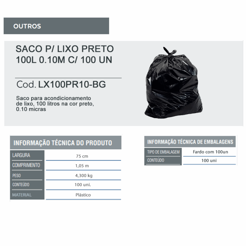 Saco para lixo preto 100L 0.10m com 100 Un - Imagem 2