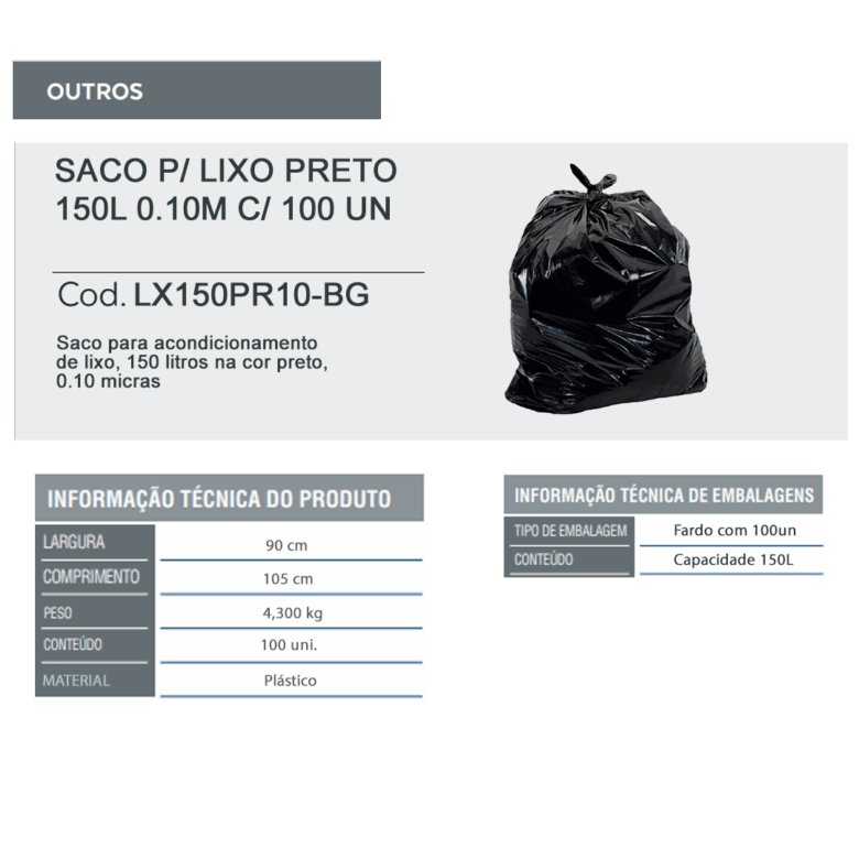 Saco para lixo preto 150L 0.10m com 100 Un - Imagem 3