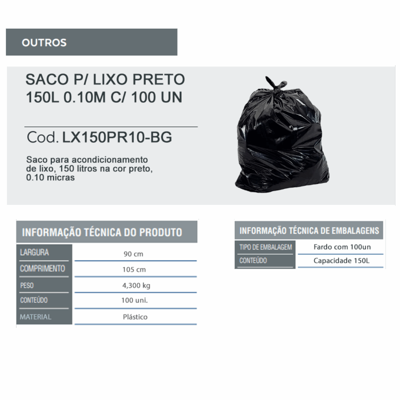 Saco para lixo preto 150L 0.10m com 100 Un - Imagem 3