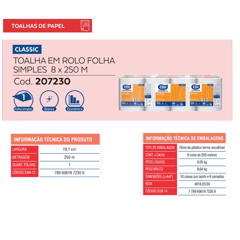 Toalha de Papel Rolo Classic - Folha Simples 8 rolos de 250 metros - Imagem 3