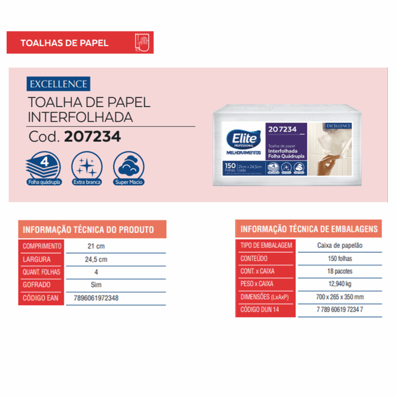 Toalha de Papel Interfolhado Excellence - Folha Quadrupla c/ 18 pacotes de 150 folhas - Imagem 3