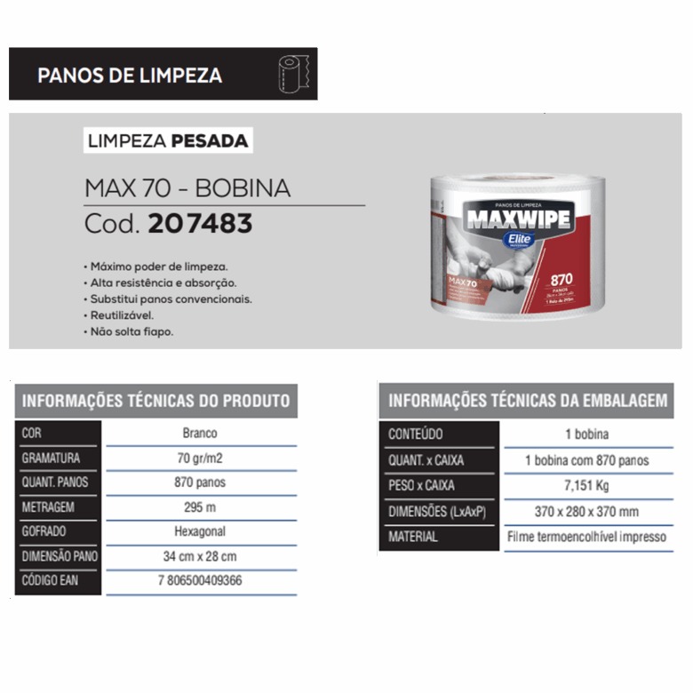 Pano Multiuso Rolo Maxwipe Max 70 c/ 870 folhas - Imagem 2