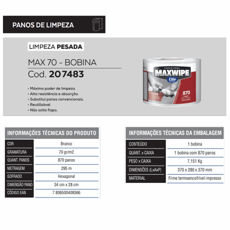 Toalha Papel Bobina Maxwipe Max 70 c/ 870 folhas - Imagem 2