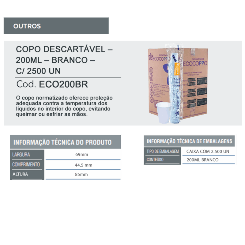 Copo Descartável - 200ml - Branco - c/ 25 pacotes de 100 un - Imagem 3