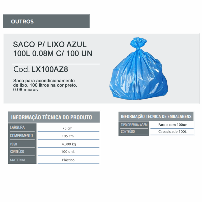 Saco para lixo azul 100L 0.08m com 100 Un - Imagem 2