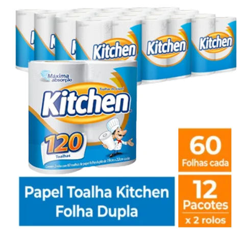 Toalha de papel em rolo kitchen 12 pctes x 2 rolos - Total 24 rolos