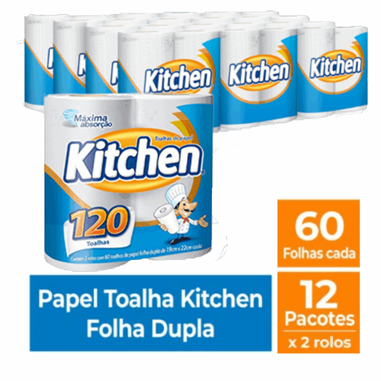 Toalha de papel em rolo kitchen 12 pctes x 2 rolos - Total 24 rolos