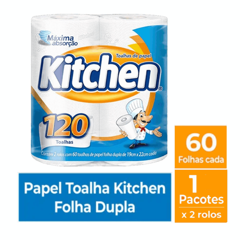 Toalha de papel em rolo kitchen pacote com 2 rolos - total 120 folhas - Imagem 2