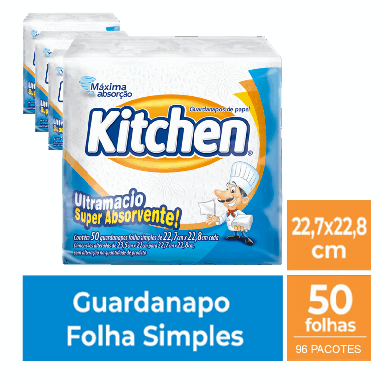 Guardanapo Kitchen Pequeno c/ 96 pacotes - Tamanho folha: 22,7x22,8 cm