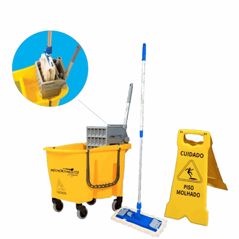 Kit Doblô 30 Flex - Balde doblo + cabo + armação + 02 refis mop plano + placa sinalizadora - Bralimpia