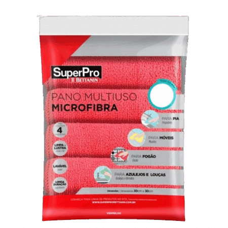 Pano Multiuso Microfibra Vermelho 30cmx30cm Superpro - Kit Com 4 Unidades