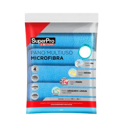 Pano Multiuso Microfibra Azul 30cmx30cm Superpro - Kit Com 4 Unidades
