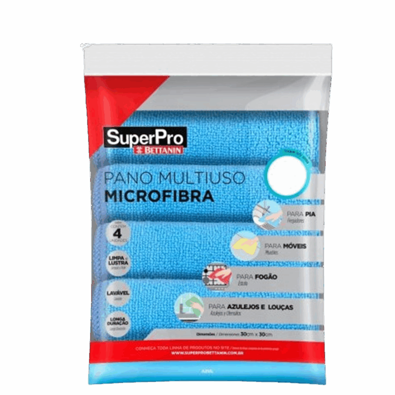 Pano Multiuso Microfibra Azul 30cmx30cm Superpro - Kit Com 4 Unidades