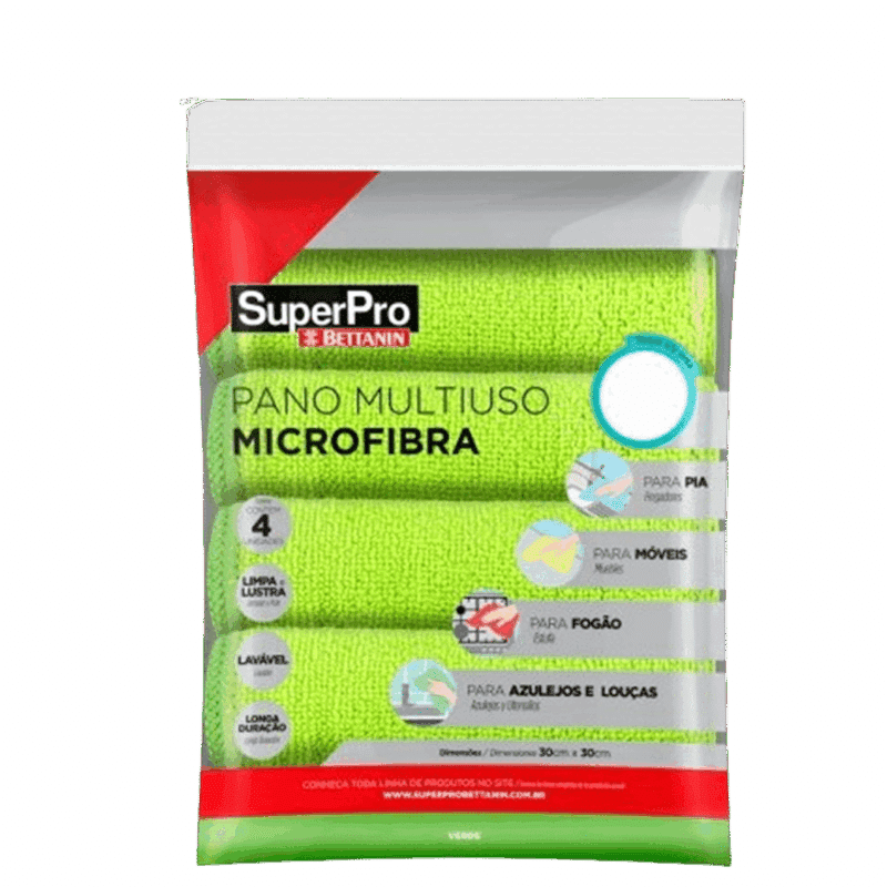 Pano Multiuso Microfibra Verde 30cmx30cm Superpro - Kit Com 4 Unidades
