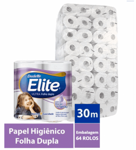 Papel Higiênico Rolo Dualette folha dupla c/ 64 rolos de 30m