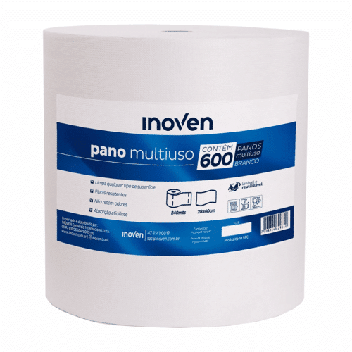 Pano Multiuso Rolo com 240m Branco Perflex com 600 panos de 28x40cm 35g/m² - INOVEN