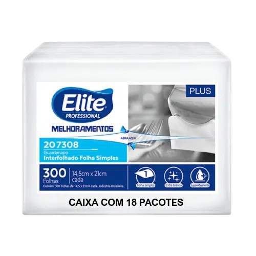 Guardanapo Interfolhado Folha Simples Plus c/ 18 pacotes de 300 folhas – Fast Food – Caixa com 5.400 folhas – Elite