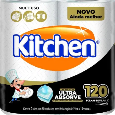 Toalha de papel em rolo kitchen pacote com 2 rolos – total 120 folhas