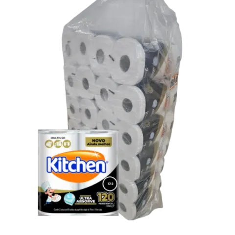 Toalha de papel folha dupla em rolo kitchen 12 pctes x 2 rolos - Total 24 rolos