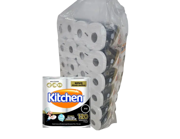 Toalha de papel folha dupla em rolo kitchen 12 pctes x 2 rolos – Total 24 rolos